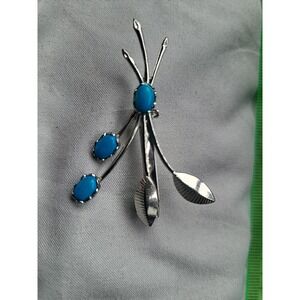 vintage silvertone leaf flowers pin‎ blue stones turquise?